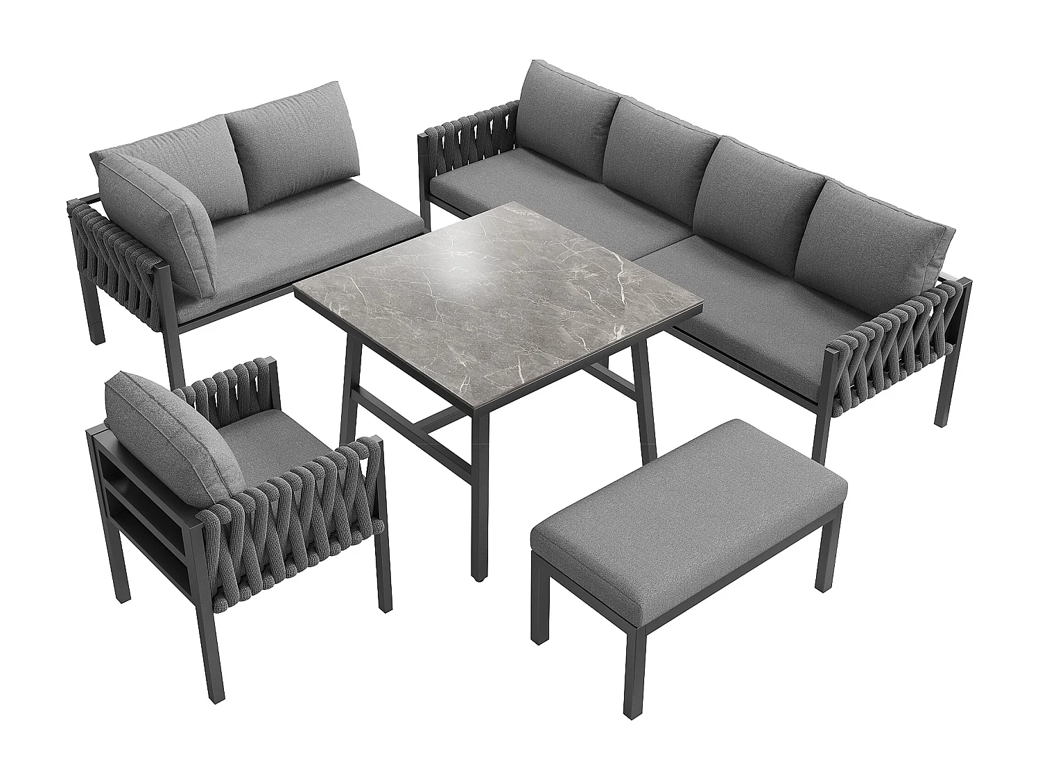 Conjunto de mobiliário de jardim, conjunto de mobiliário de jardim em corda, pernas ajustáveis, sofá de canto, com almofadas de assento e encosto, cinzento