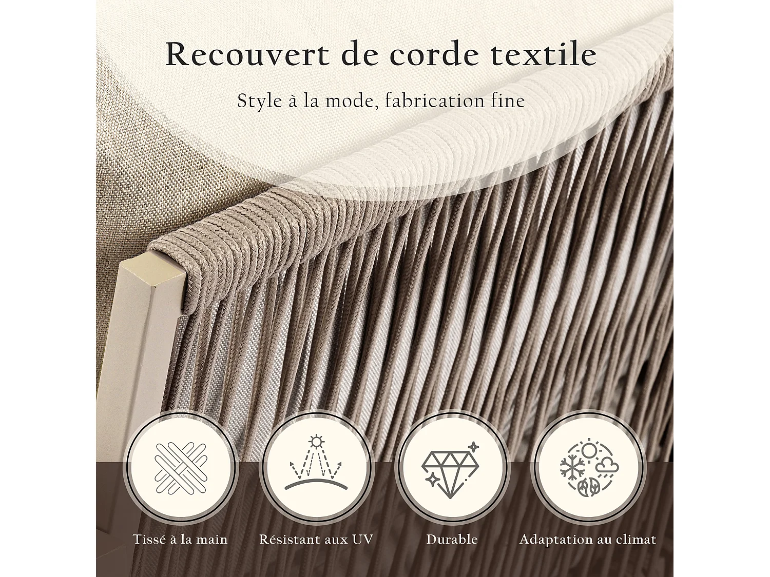 Tuin Lounge Set, Rope Tuinmeubelset, Lounge Set, Verstelbare Poten, Glad Glazen Blad, Set van 4, met Kussens