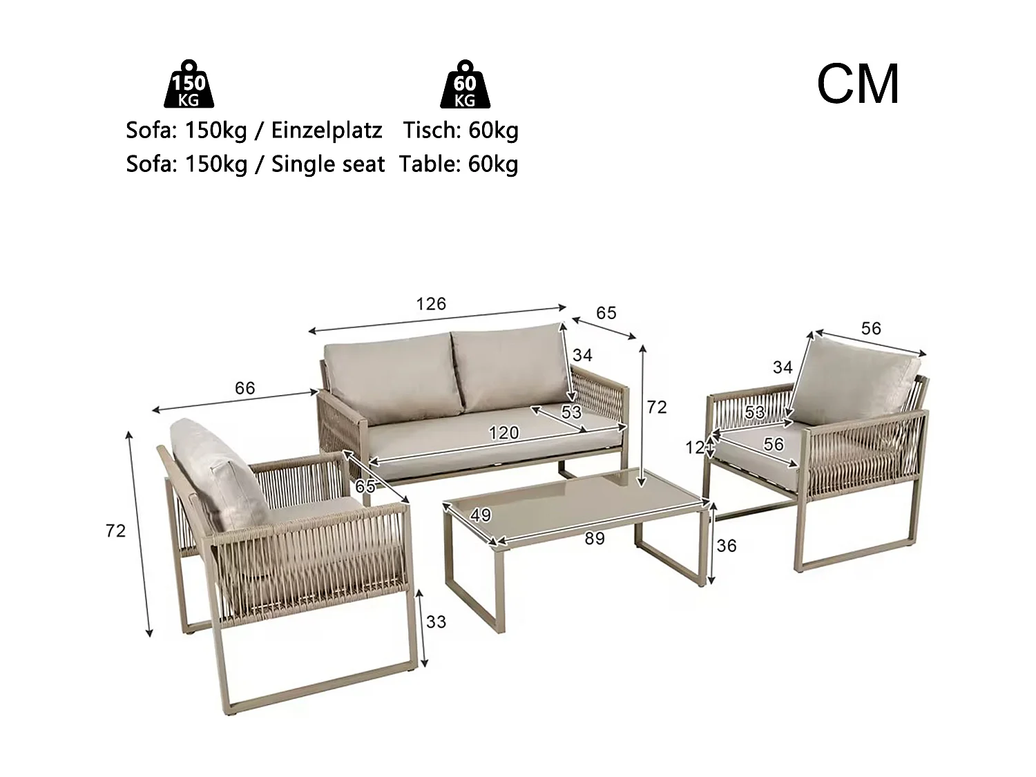 Tuin Lounge Set, Rope Tuinmeubelset, Lounge Set, Verstelbare Poten, Glad Glazen Blad, Set van 4, met Kussens