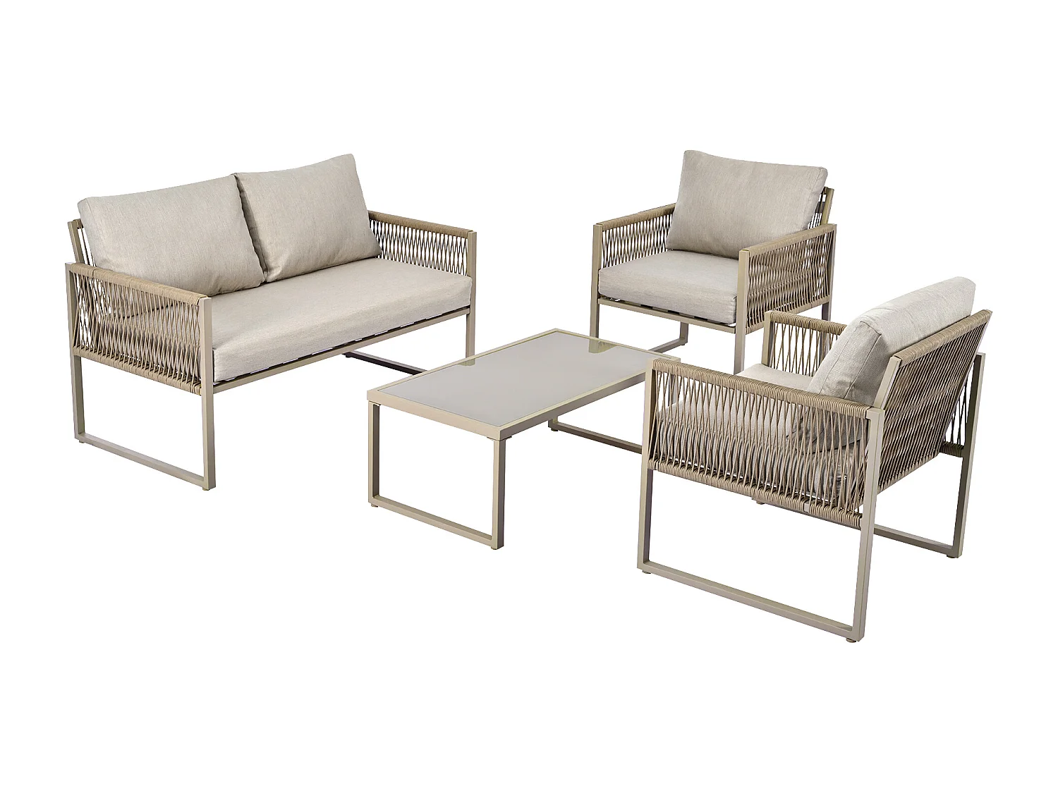 Tuin Lounge Set, Rope Tuinmeubelset, Lounge Set, Verstelbare Poten, Glad Glazen Blad, Set van 4, met Kussens