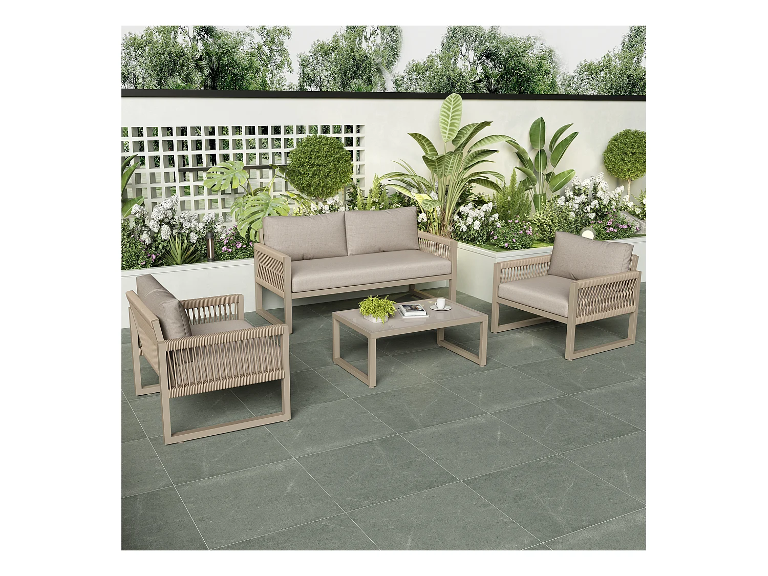 Tuin Lounge Set, Rope Tuinmeubelset, Lounge Set, Verstelbare Poten, Glad Glazen Blad, Set van 4, met Kussens