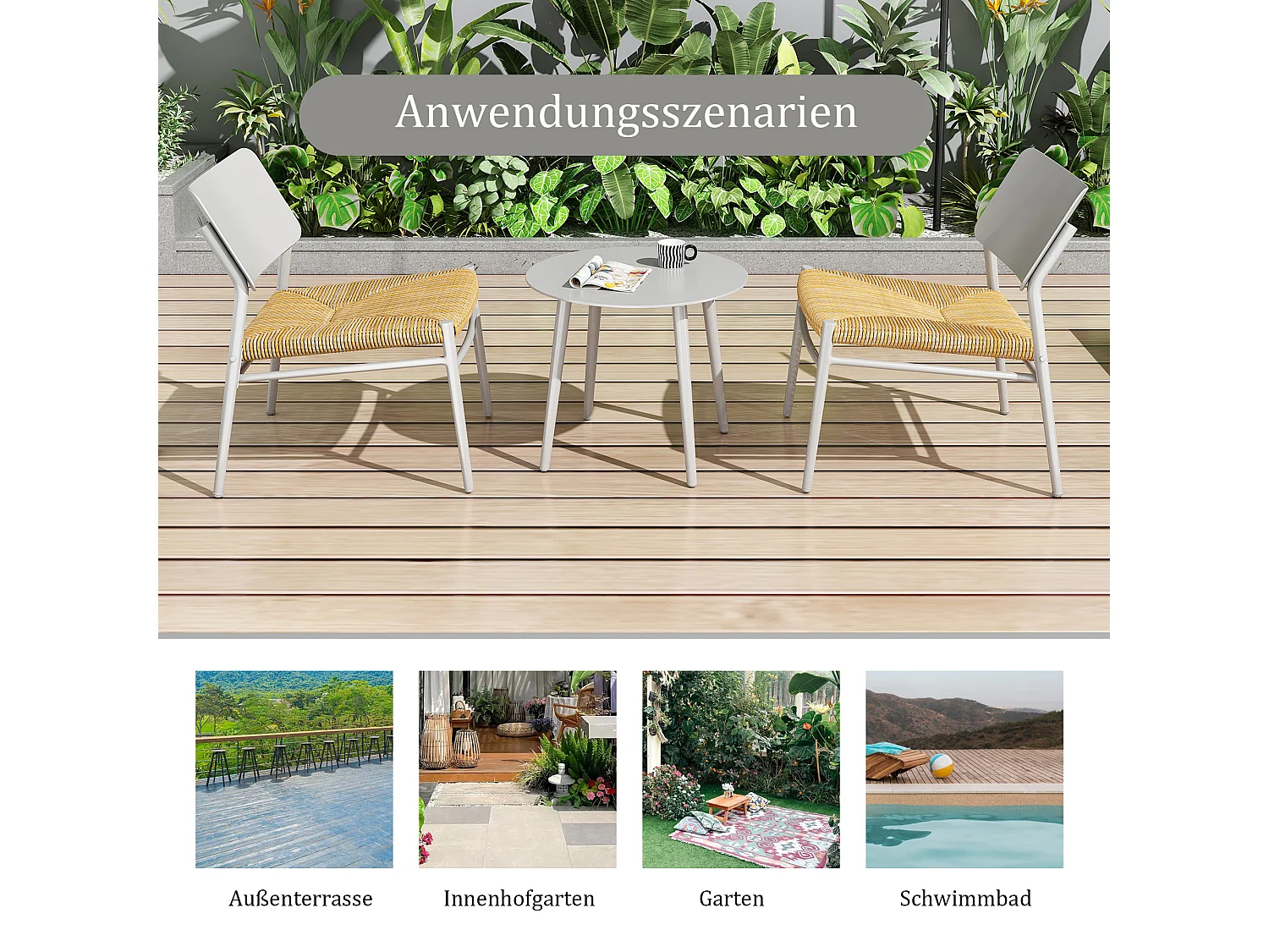 Ensemble de meubles de balcon en aluminium 3 pièces, mobilier d'extérieur, rotin PE, beige