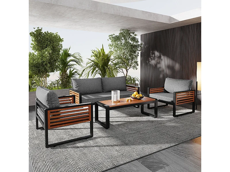 Tuin Lounge Set, Tuinmeubelset (Brede Set, 4-delige Eettafelset, 1x2-Zitsbank, 2x Enkele Stoelen, 1x Tafel), Grijs