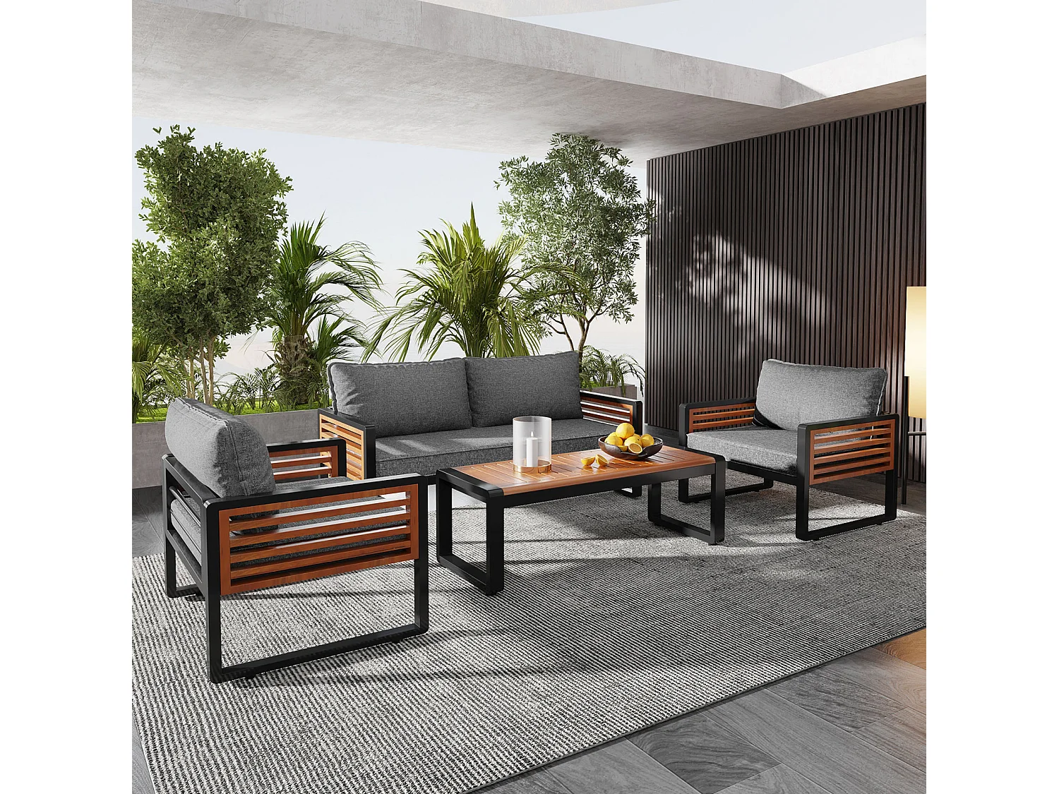 Tuin Lounge Set, Tuinmeubelset (Brede Set, 4-delige Eettafelset, 1x2-Zitsbank, 2x Enkele Stoelen, 1x Tafel), Grijs