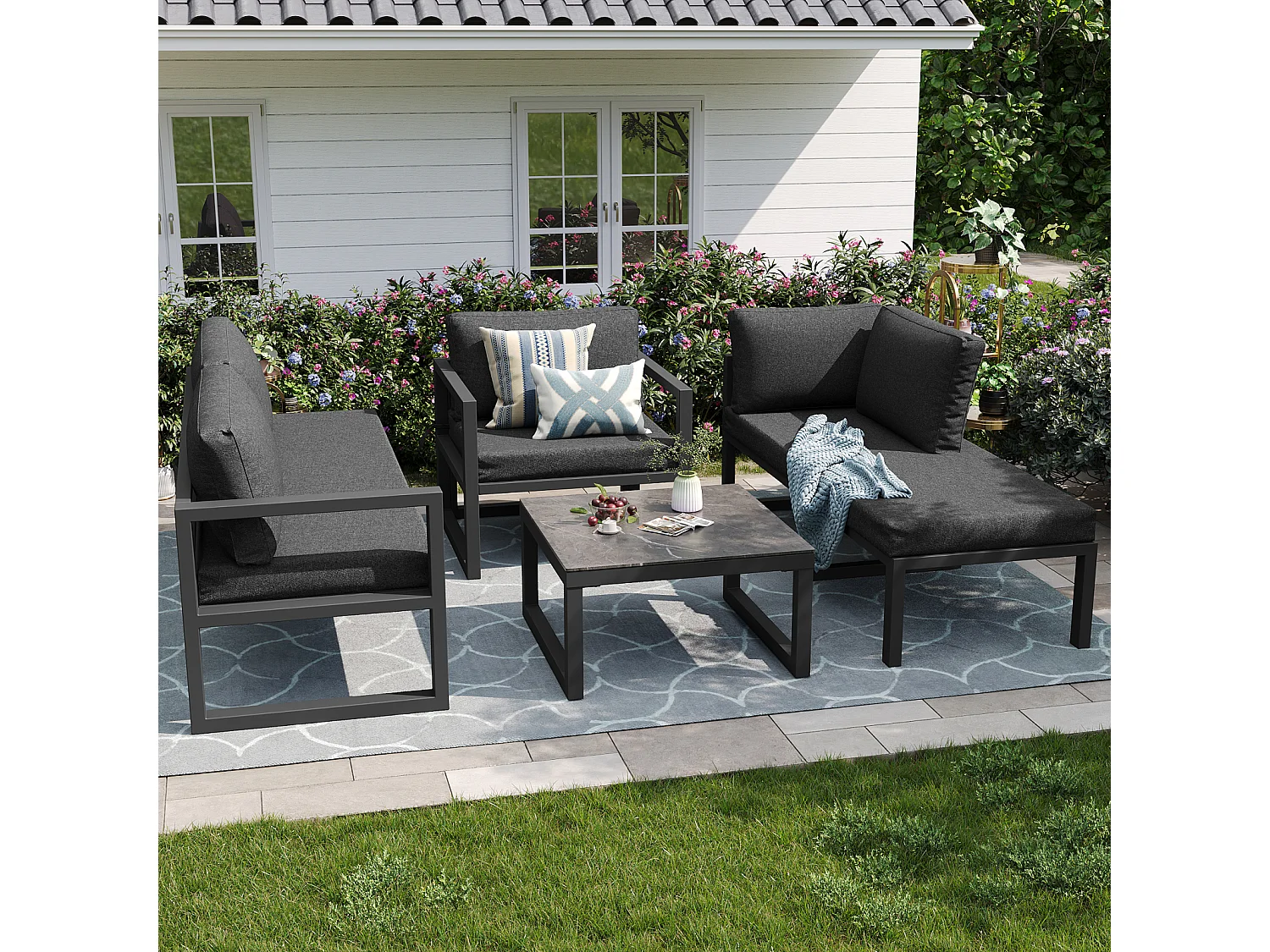 Tuinmeubelset, tuin loungeset, hoekbank met gegalvaniseerd ijzeren frame, verstelbare poten, met zit- en rugkussens, grijs