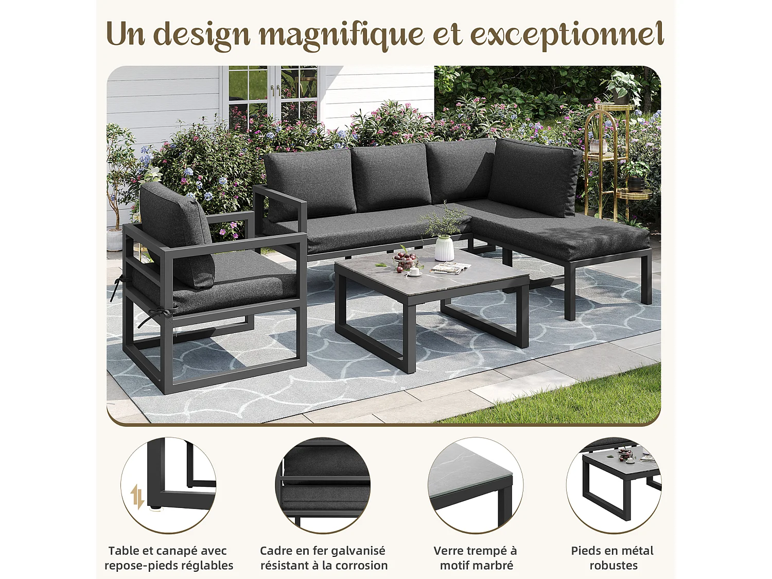 Tuinmeubelset, tuin loungeset, hoekbank met gegalvaniseerd ijzeren frame, verstelbare poten, met zit- en rugkussens, grijs