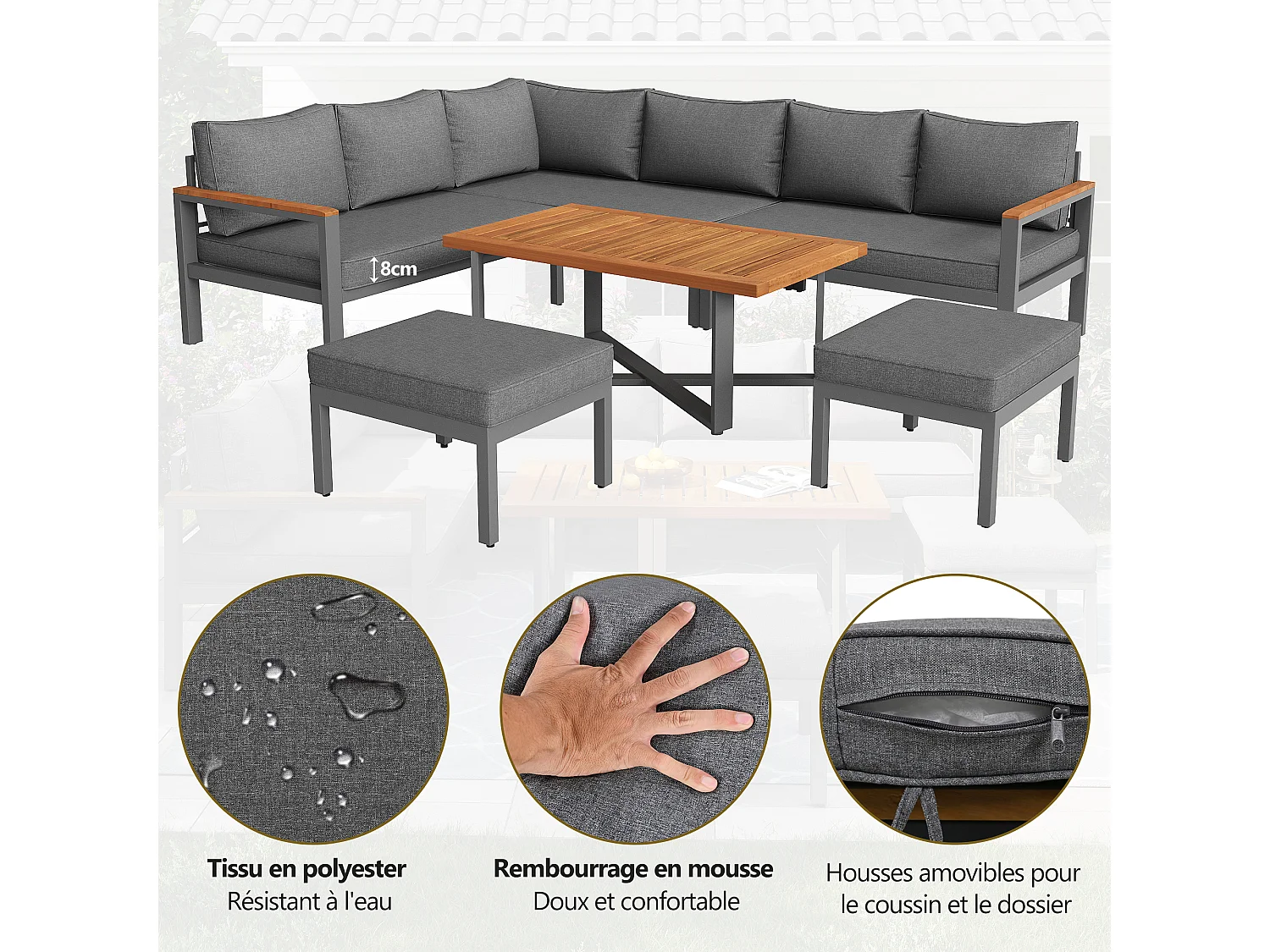 Salon de jardin pour 7-8 personnes, ensemble de meubles de jardin moderne, ensemble de meubles de jardin avec structure en fer galvanisé