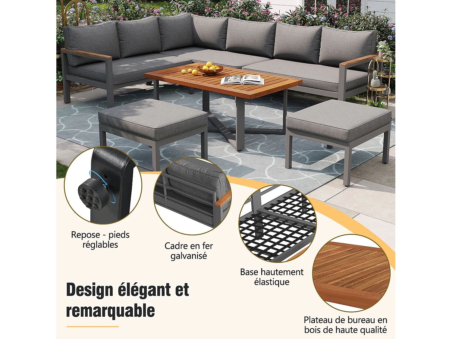 Salon de jardin pour 7-8 personnes, ensemble de meubles de jardin moderne, ensemble de meubles de jardin avec structure en fer galvanisé