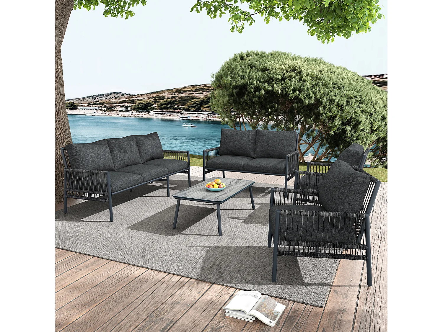 Salon de jardin, 7 places, 1 table basse, résine tressée, tube acier galvanisé, verre trempé, coussins amovibles et lavables, gris