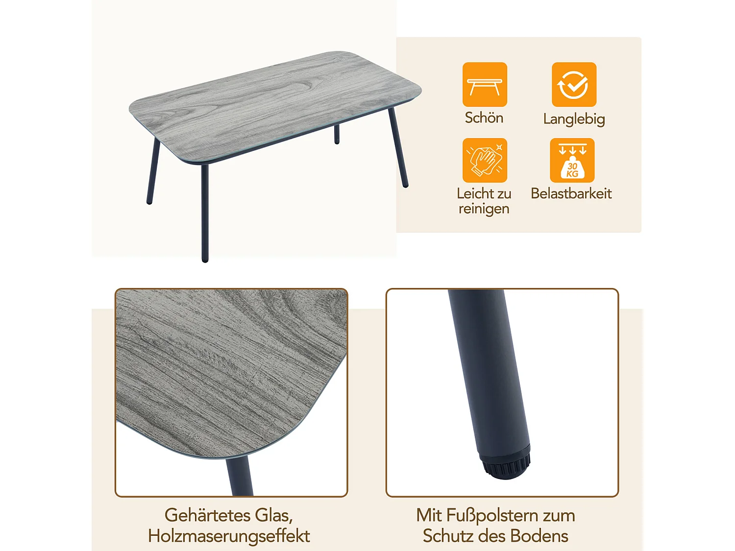 Salon de jardin, 7 places, 1 table basse, résine tressée, tube acier galvanisé, verre trempé, coussins amovibles et lavables, gris