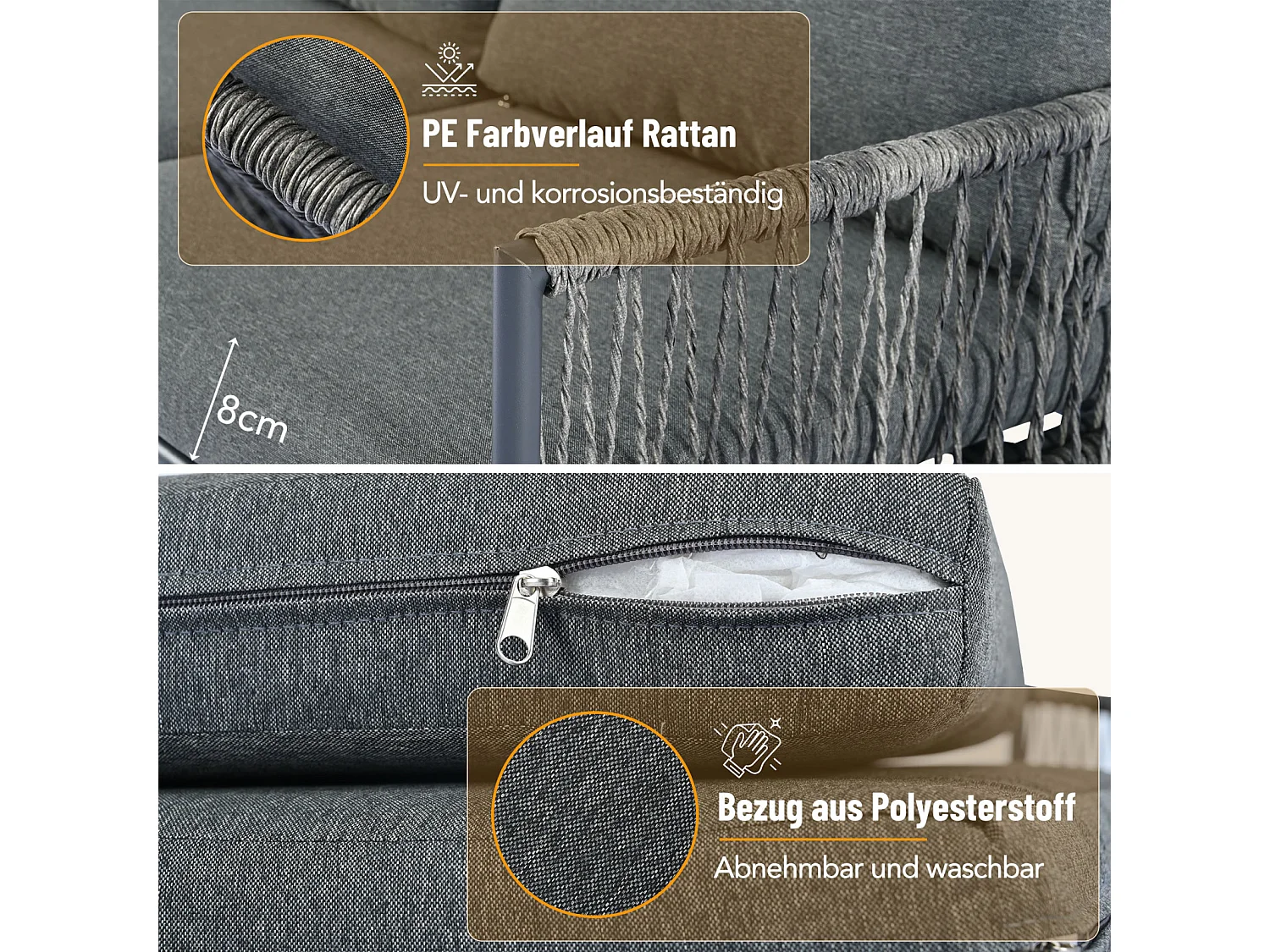 Salon de jardin, 7 places, 1 table basse, résine tressée, tube acier galvanisé, verre trempé, coussins amovibles et lavables, gris