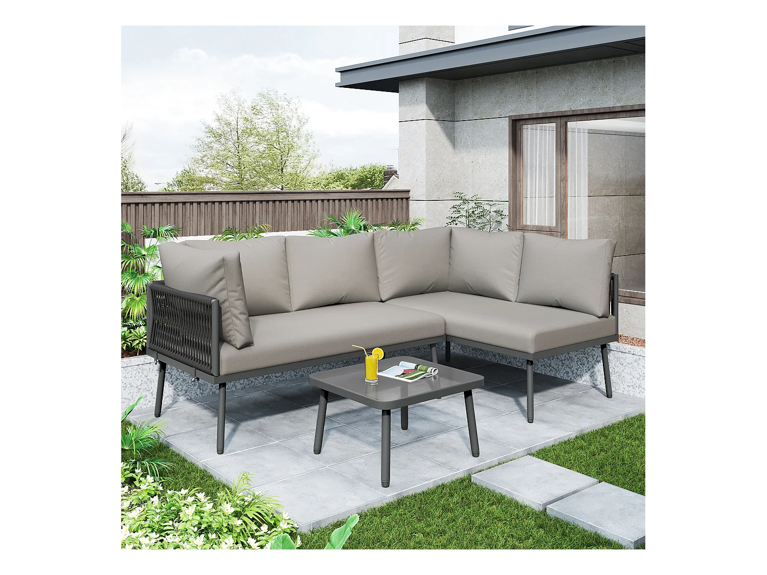 Salon de jardin, ensemble de meubles de jardin en L, ensemble de salon avec coussins d'assise, pieds réglables, 2 canapés + 1 table