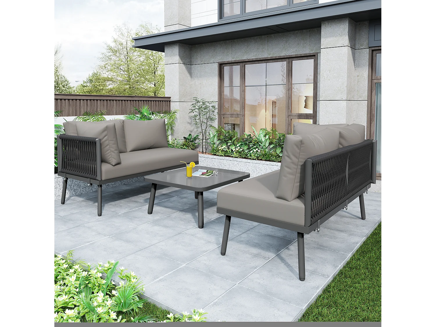 Salon de jardin, ensemble de meubles de jardin en L, ensemble de salon avec coussins d'assise, pieds réglables, 2 canapés + 1 table