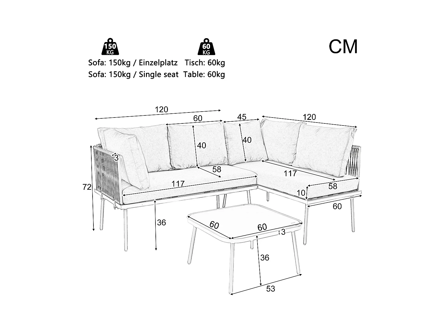 Salon de jardin, ensemble de meubles de jardin en L, ensemble de salon avec coussins d'assise, pieds réglables, 2 canapés + 1 table