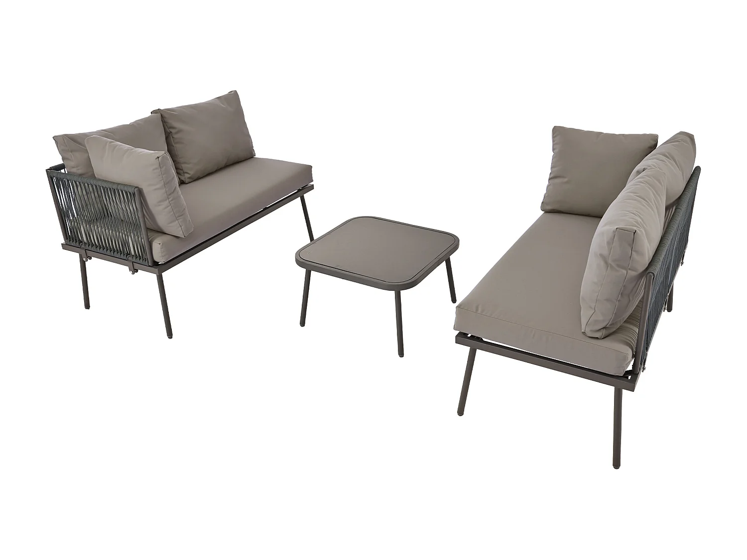 Salon de jardin, ensemble de meubles de jardin en L, ensemble de salon avec coussins d'assise, pieds réglables, 2 canapés + 1 table