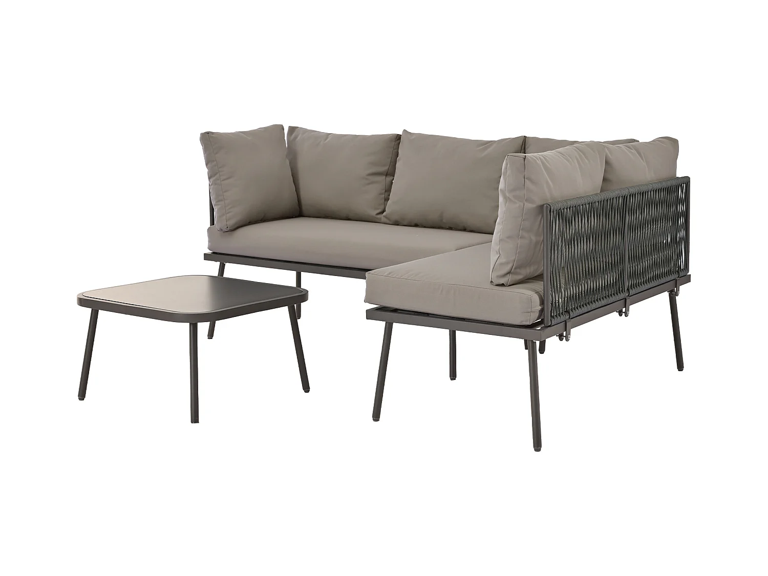 Salon de jardin, ensemble de meubles de jardin en L, ensemble de salon avec coussins d'assise, pieds réglables, 2 canapés + 1 table