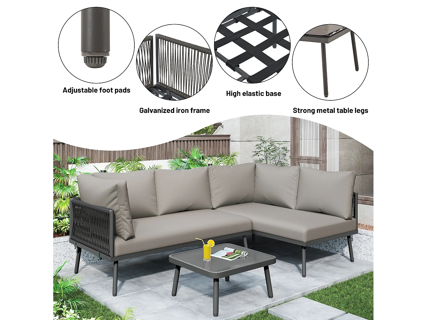 Salon de jardin, ensemble de meubles de jardin en L, ensemble de salon avec coussins d'assise, pieds réglables, 2 canapés + 1 table