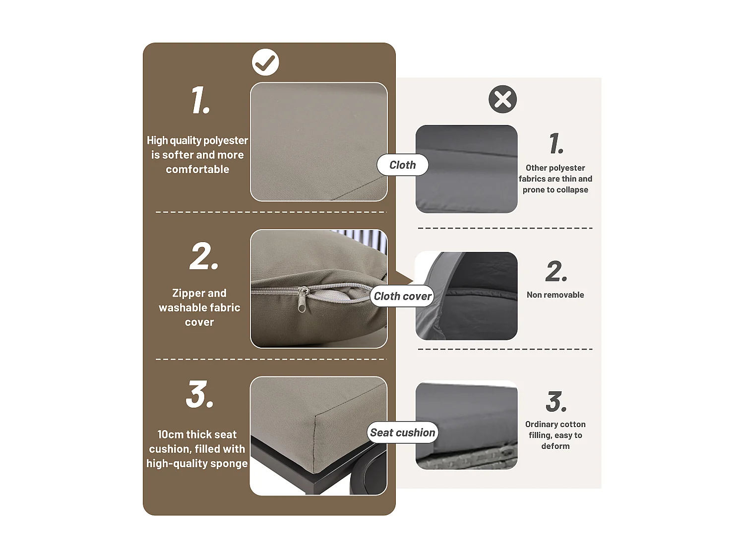 Salon de jardin, ensemble de meubles de jardin en L, ensemble de salon avec coussins d'assise, pieds réglables, 2 canapés + 1 table