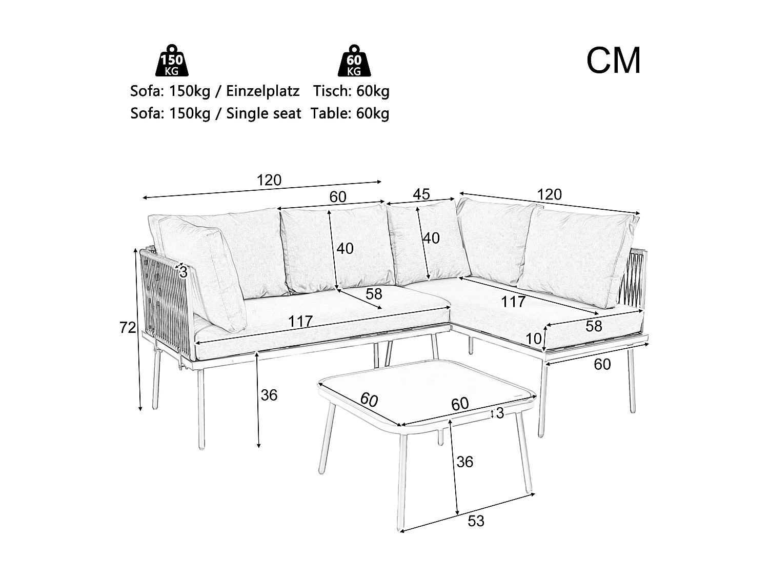 Salon de jardin, ensemble de meubles de jardin en L, ensemble de salon avec coussins d'assise, pieds réglables, 2 canapés + 1 table
