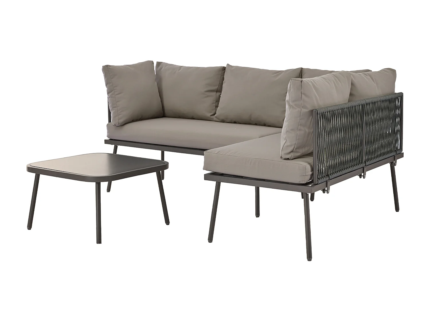 Salon de jardin, ensemble de meubles de jardin en L, ensemble de salon avec coussins d'assise, pieds réglables, 2 canapés + 1 table