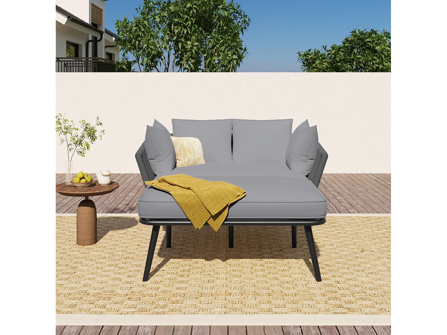 Tuinbank met kussens, ligstoel voor buiten, tuinlounge, balkonmeubelset, loungemeubels, terrasmeubels, grijs