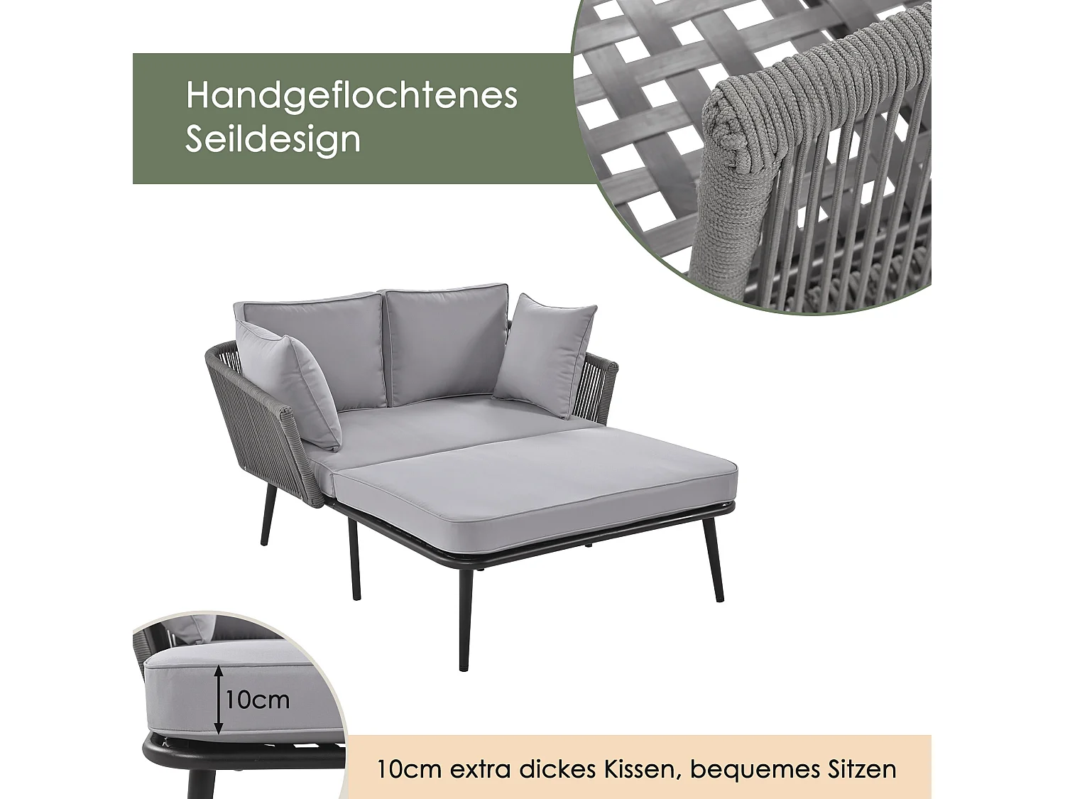 Canapé de jardin avec coussins, chaise longue d'extérieur, salon de jardin, ensemble de meubles de balcon, meubles de salon, meubles de patio, gris