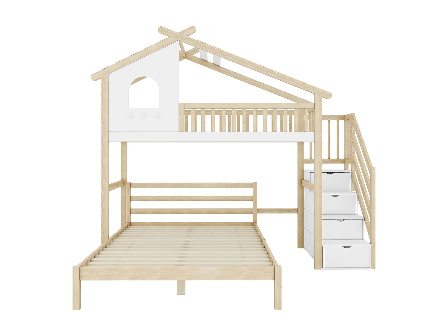 Kinderbett Hochbett 90x200 cm, Unterbett 140x200 cm, Weiß + Natur