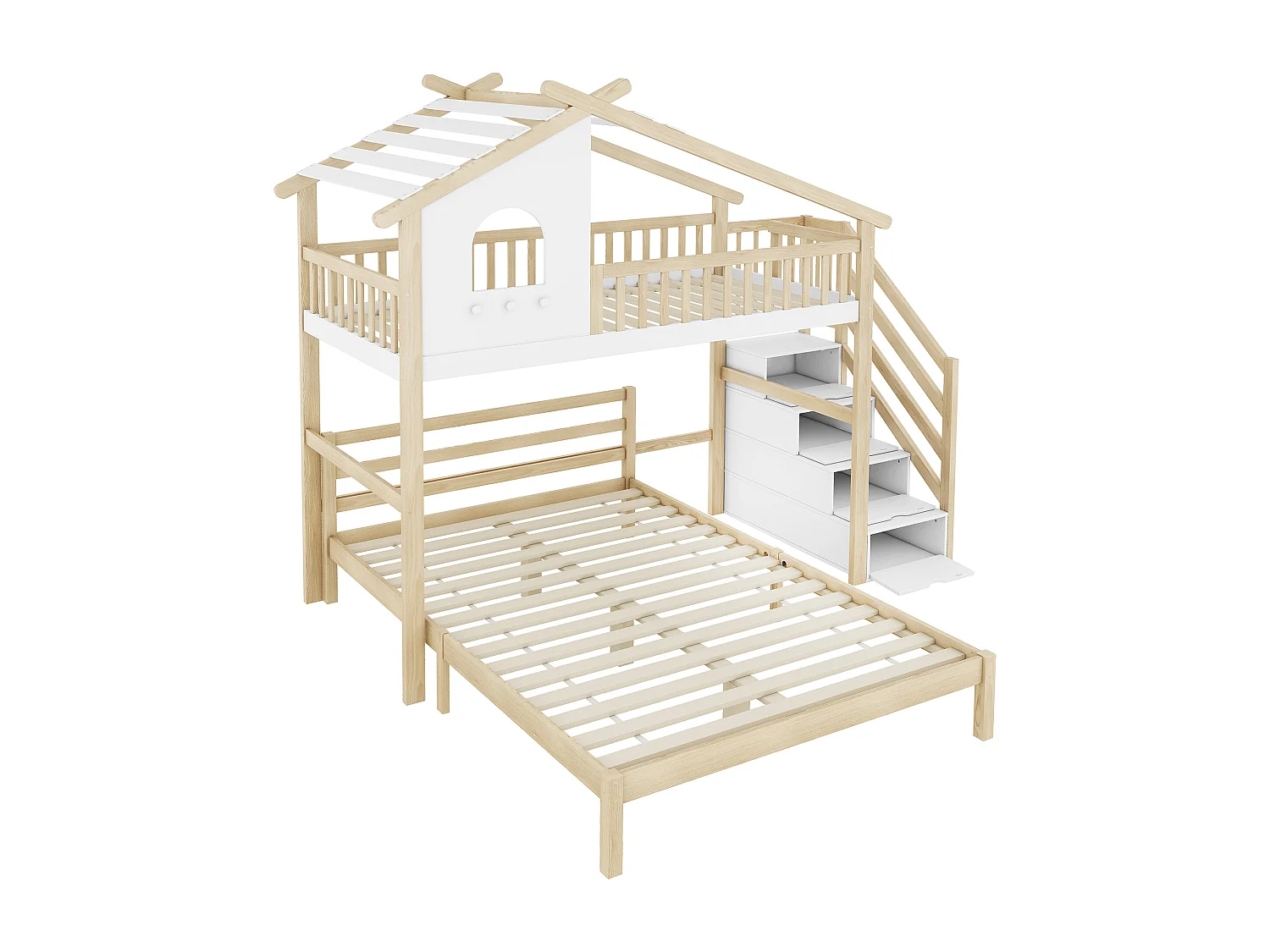 Lit mezzanine pour enfant 90x200 cm, lit inférieur 140x200 cm, blanc + naturel