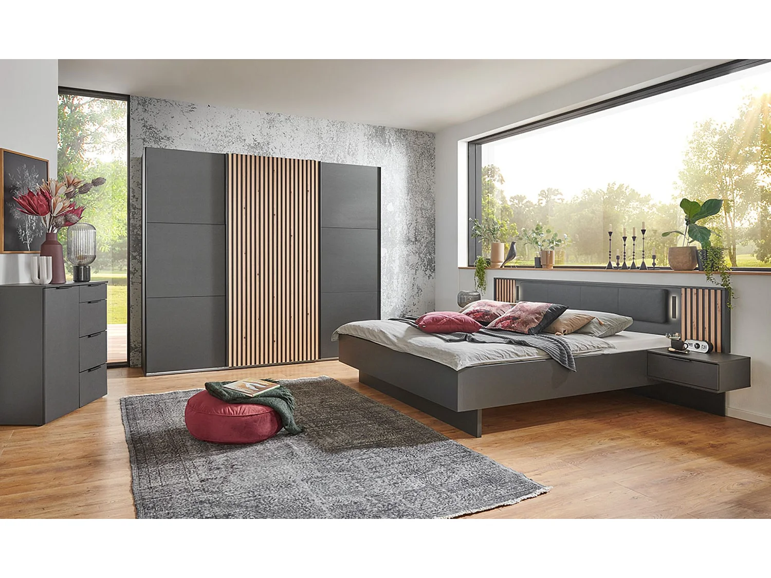 Ensemble de chambre à coucher complète (  lit adulte 180 x 200 cm + 2 tables de chevet + armoire  + commode )