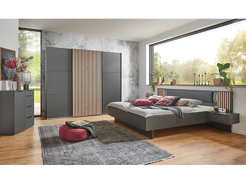 Ensemble de chambre à coucher complète (  lit adulte 180 x 200 cm + 2 tables de chevet + armoire  + commode )