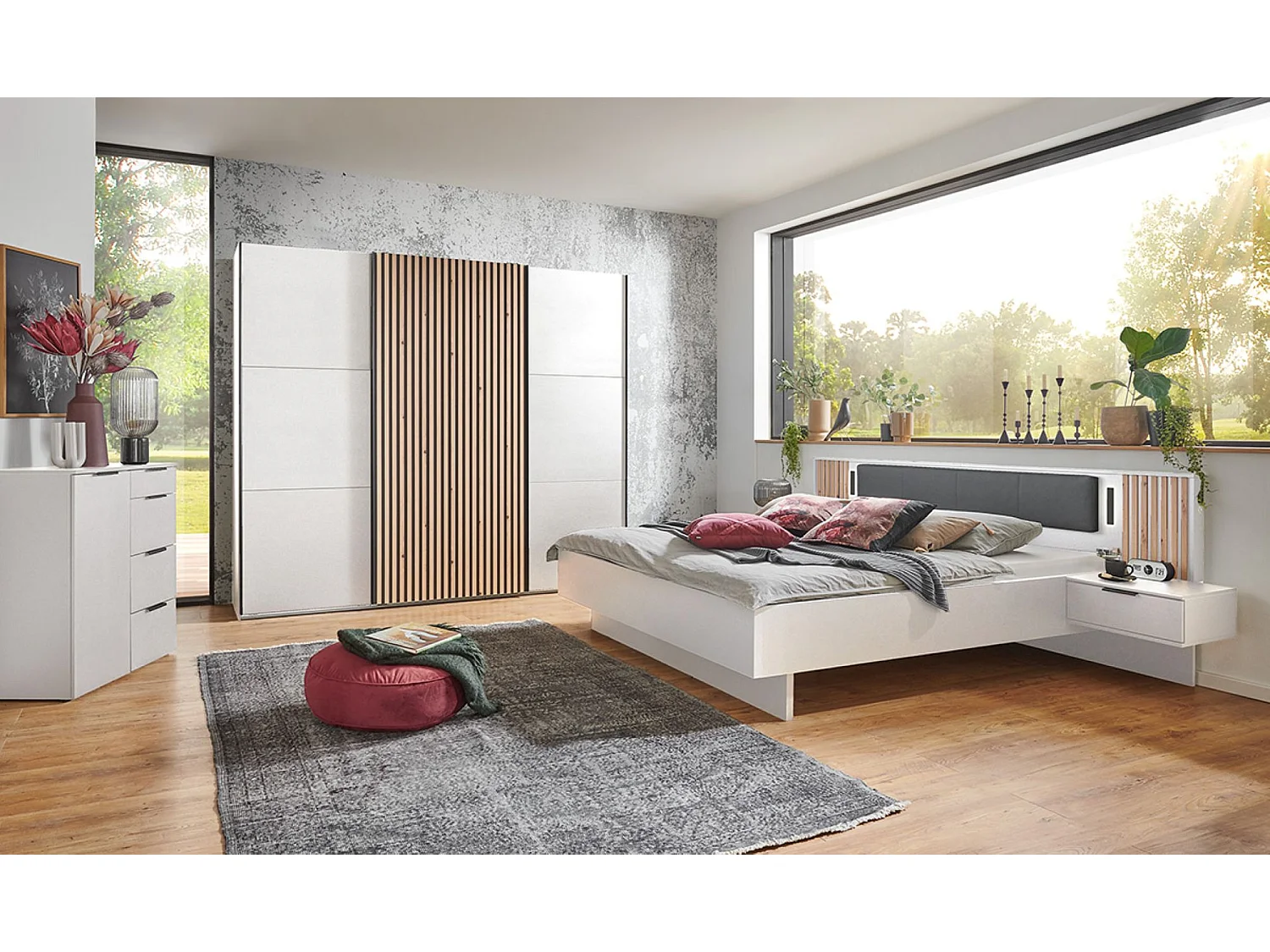 Ensemble de chambre à coucher complète (lit adulte 180 x 200 cm + 2 tables de chevet + armoire  + commode)