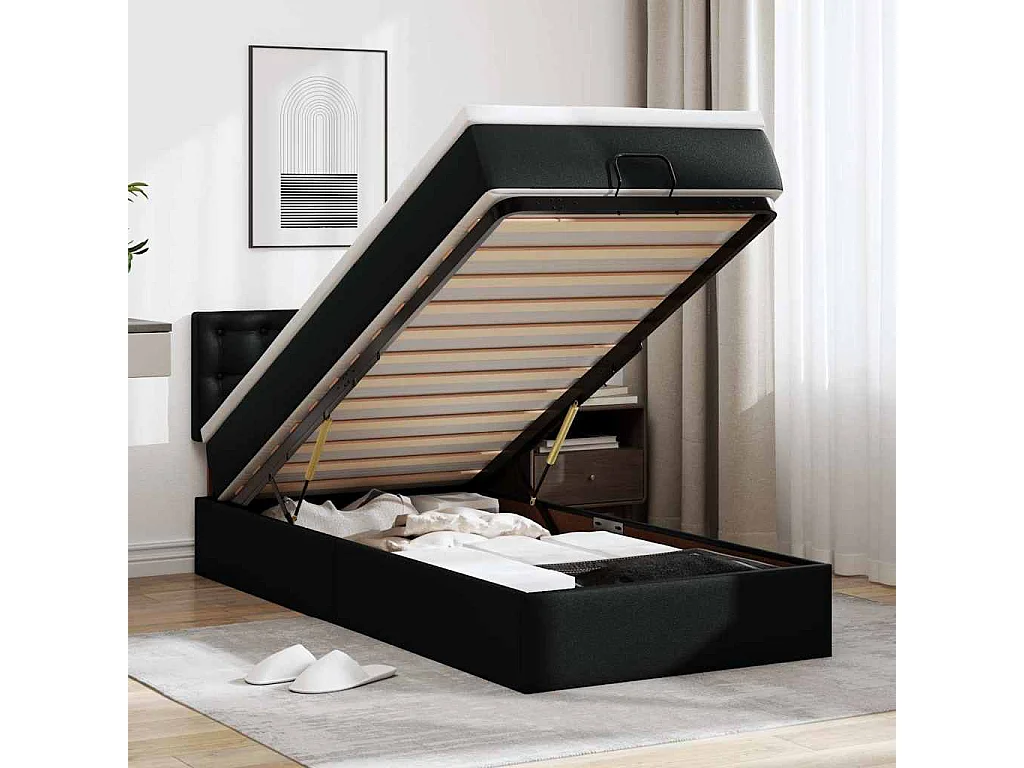 Lit ottoman avec matelas noir 100x200 cm similicuir