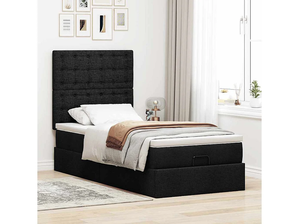 Lit ottoman avec matelas noir 100x200 cm tissu