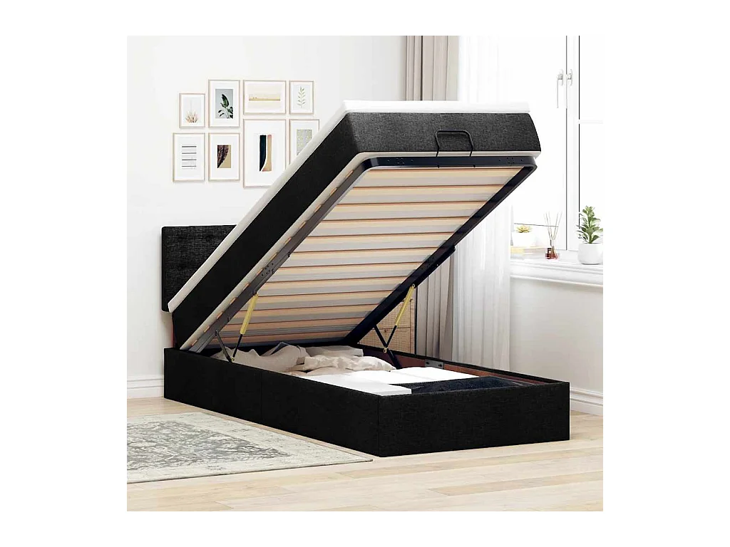 Lit ottoman avec matelas noir 100x200 cm tissu