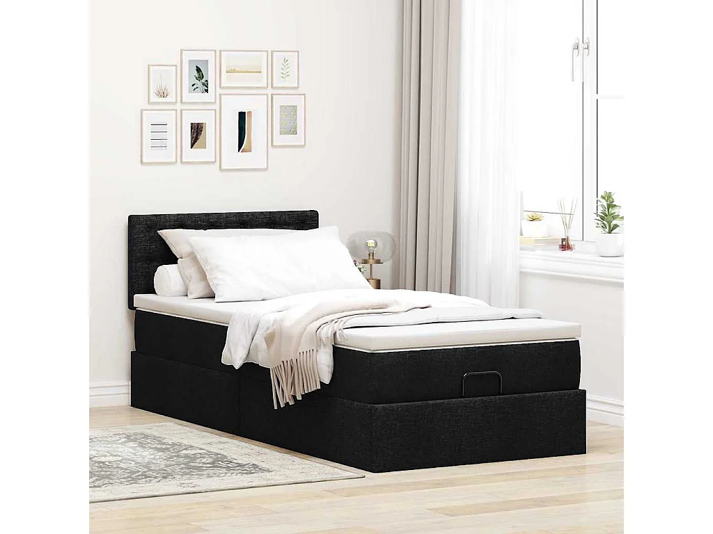 Lit ottoman avec matelas noir 100x200 cm tissu