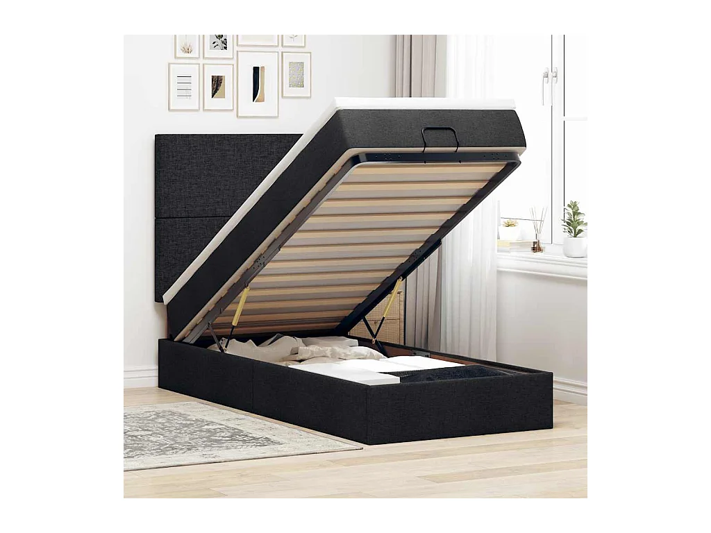 Lit ottoman avec matelas noir 90x200 cm tissu