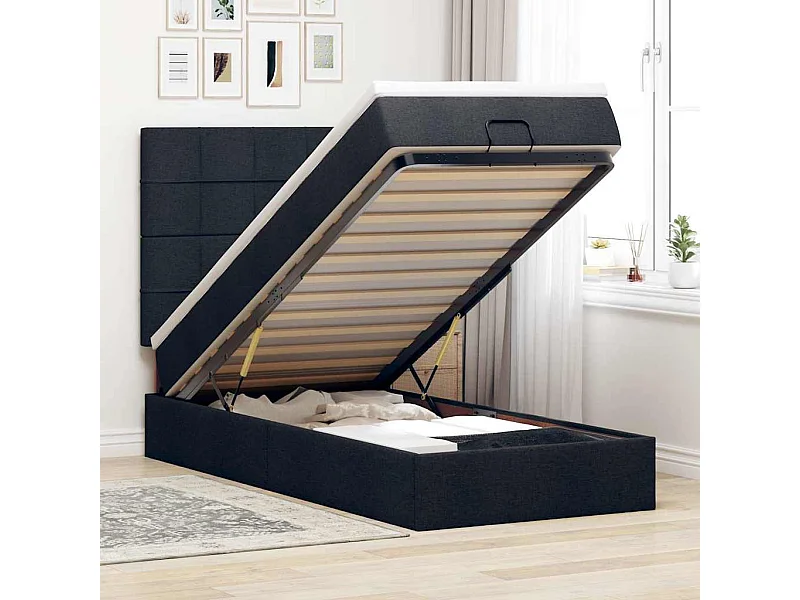 Lit ottoman avec matelas noir 100x200 cm tissu