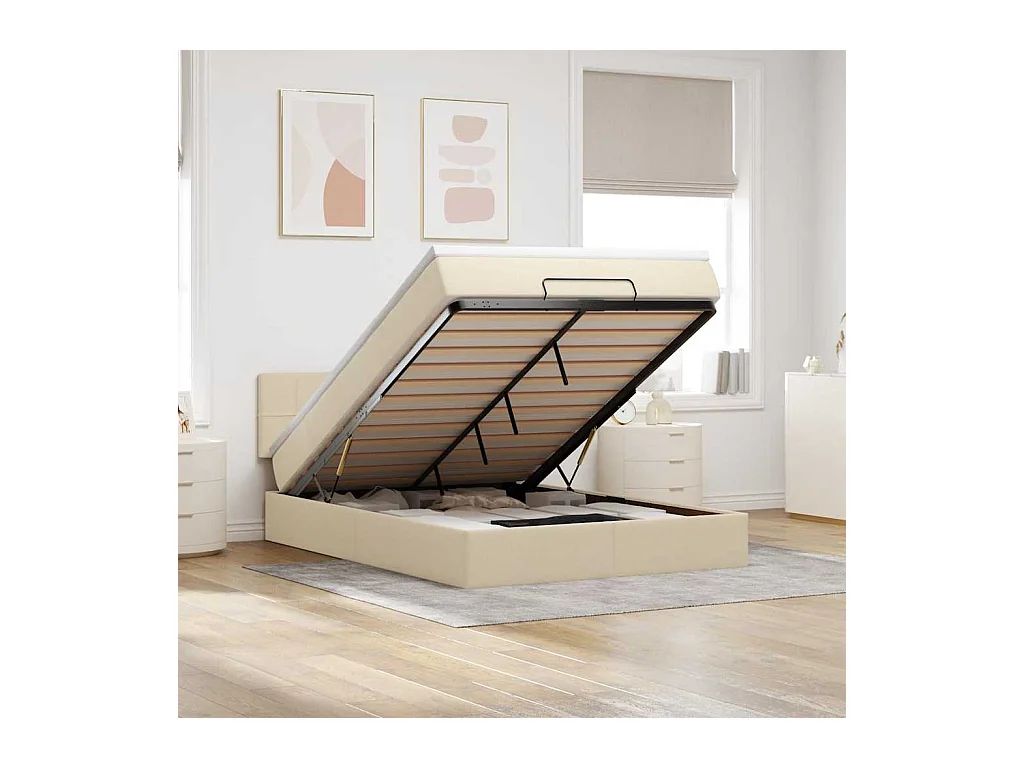 Ottomanbett mit cremefarbener Matratze 140x200 cm Stoff