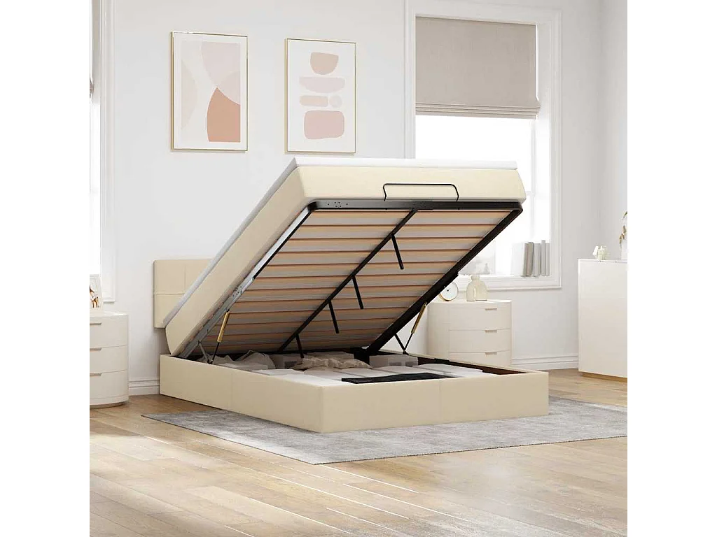 Letto pouf con materasso crema 140x200 cm tessuto