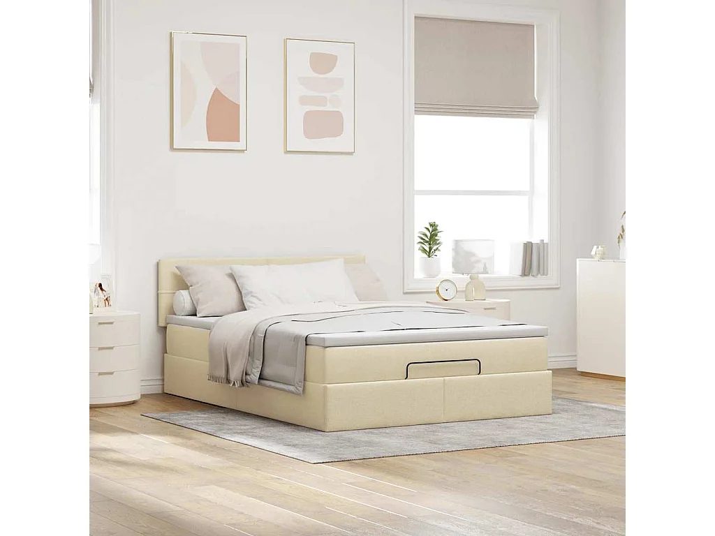 Letto pouf con materasso crema 140x200 cm tessuto