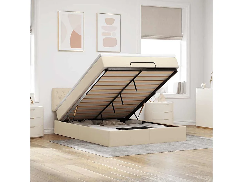 Letto pouf con materasso crema 140x200 cm tessuto