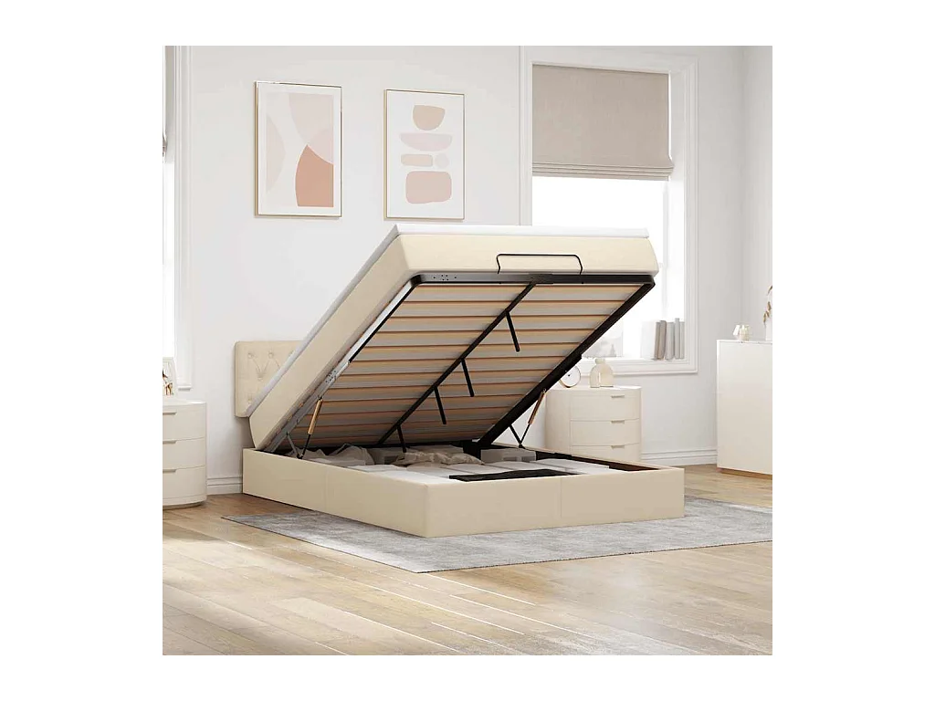 Ottomanbett mit cremefarbener Matratze 140x200 cm Stoff