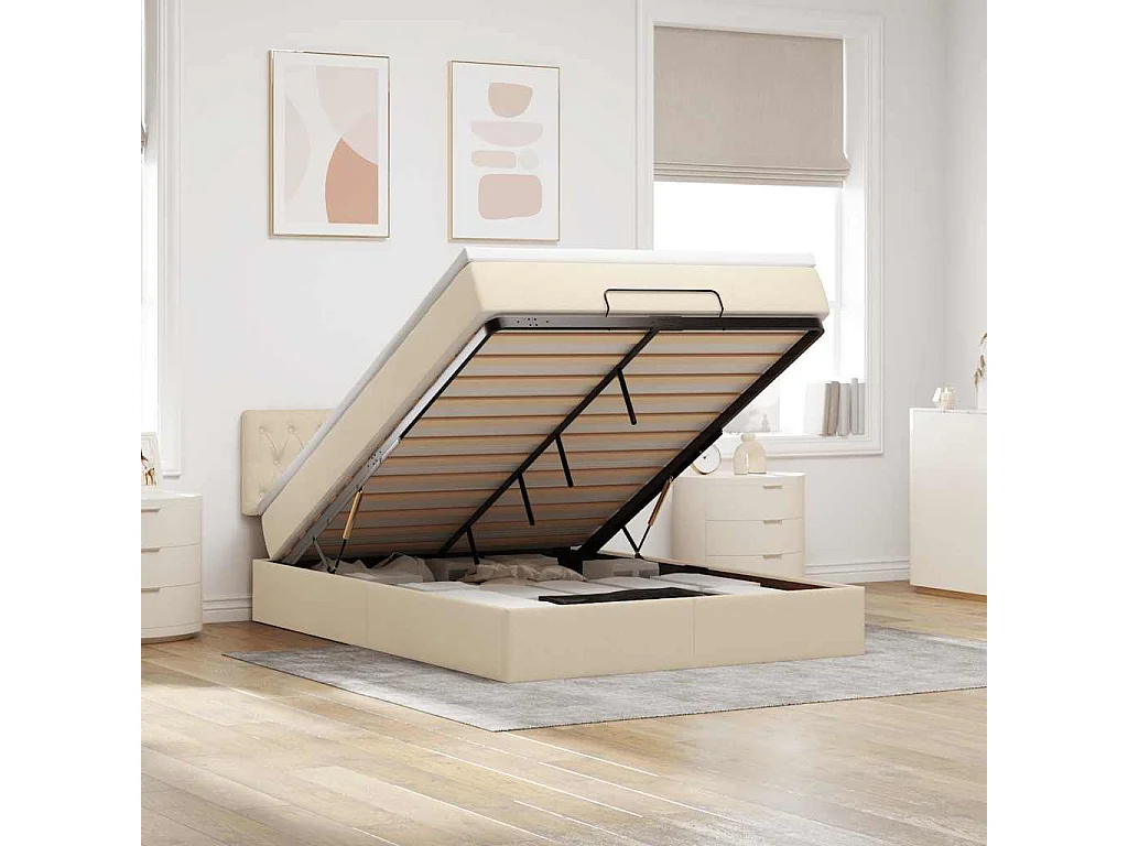 Lit ottoman avec matelas crème 140x200 cm tissu