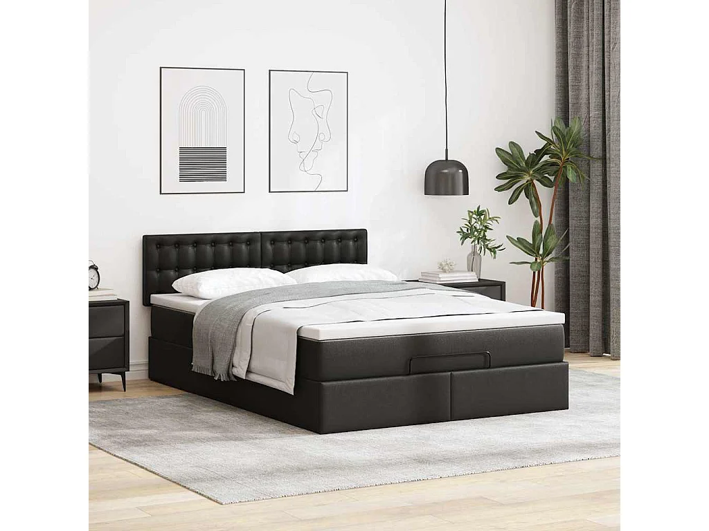 Cama otomana con colchón y LED Negro 140x190cm piel sintética