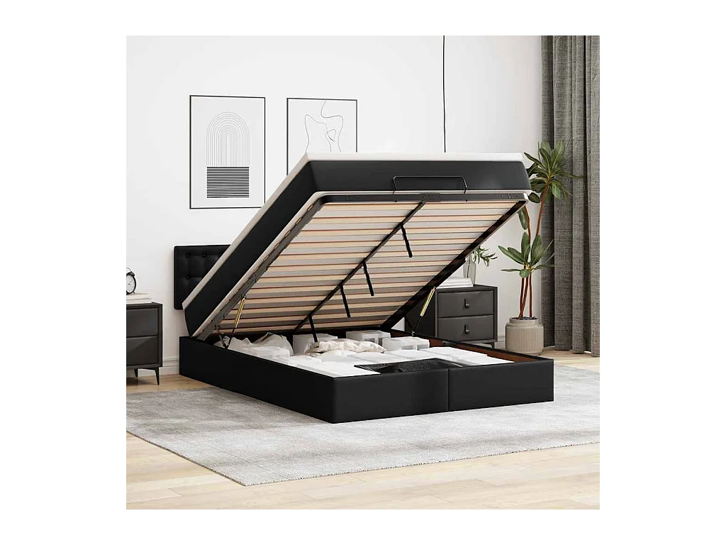 Cama otomana com colchão e LED Preto 140x190cm couro sintético