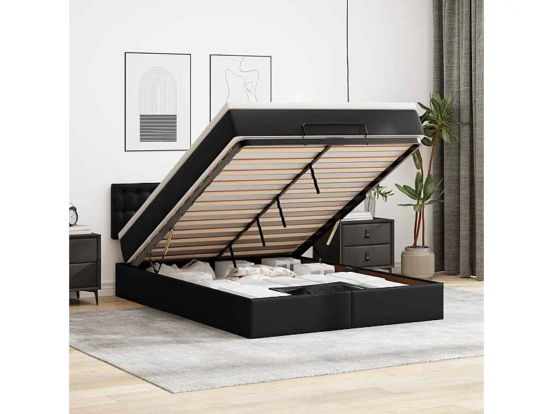 Cama otomana com colchão e LED Preto 140x190cm couro sintético
