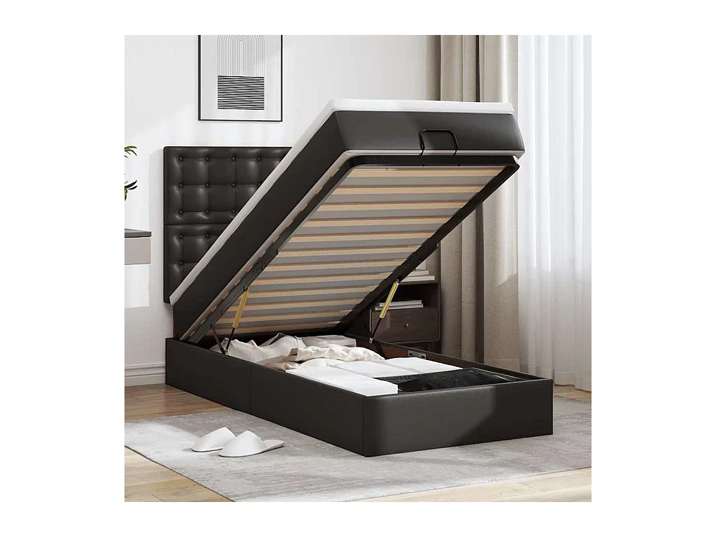 Cama otomana com colchão preto 80x200 cm imitação de pele