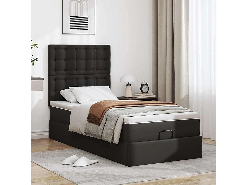 Cama otomana com colchão preto 80x200 cm imitação de pele