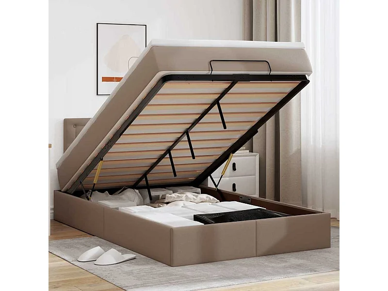 Letto pouf con materasso e LED cappuccino 120x190cm similpelle