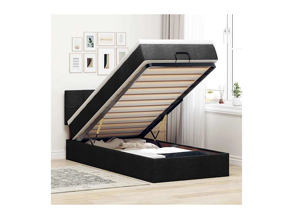 Lit ottoman avec matelas noir 100x200 cm tissu